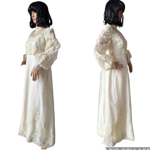 Vtg OOAK Lace Wedding dress scalloped sheer high neck & empire waist medium - Picture 9 of 13